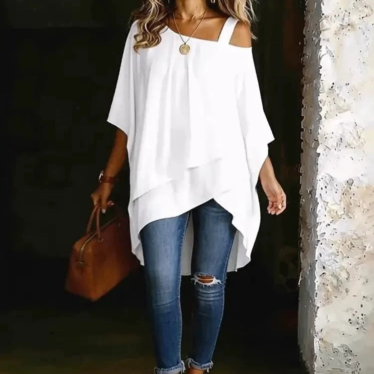 Womens Solid-color Asymmetric Off-shoulder Top