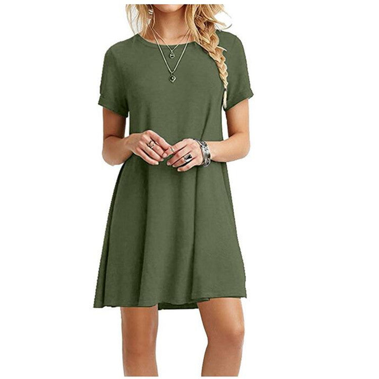 Women's Fashion Solid Color Round Neck Short Sleeve Dress