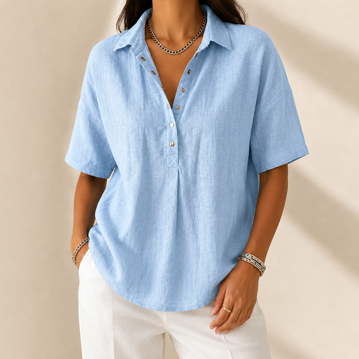 Celine | Relaxed Collared Henley Top