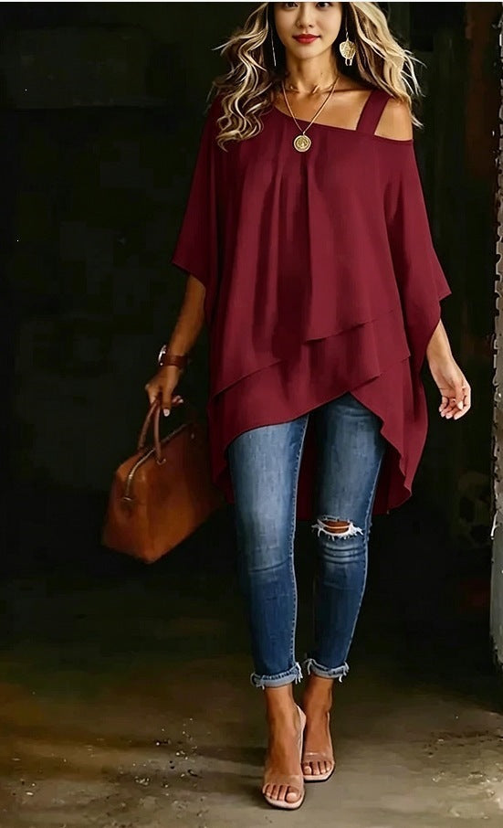 Womens Solid-color Asymmetric Off-shoulder Top