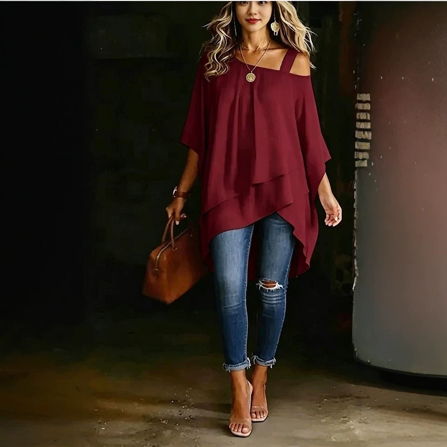 Womens Solid-color Asymmetric Off-shoulder Top